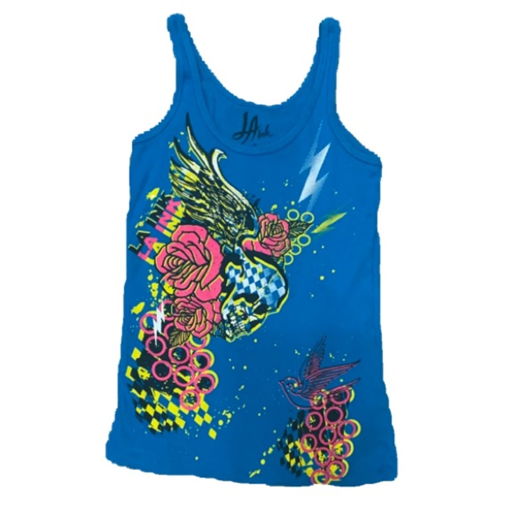 Y2k Skull Flower Bird Ribbed Tank - M
